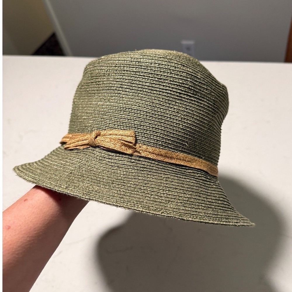 Jennifer Ouellette Olive Green Woven Straw Bucket Hat Bow Cloche Sun Hat